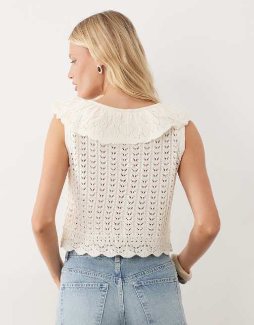 Miss Selfridge stickad virkad tanktop med kragdetalj i cream, 4 av 4