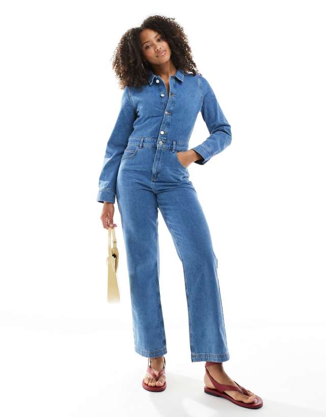 Miss Selfridge straight leg denim jumpsuit in mid wash | ASOS