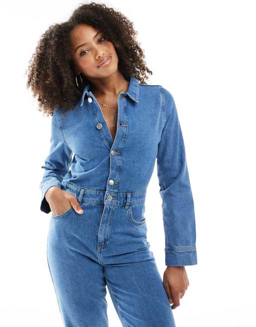 Miss Selfridge straight leg denim jumpsuit in mid wash | ASOS