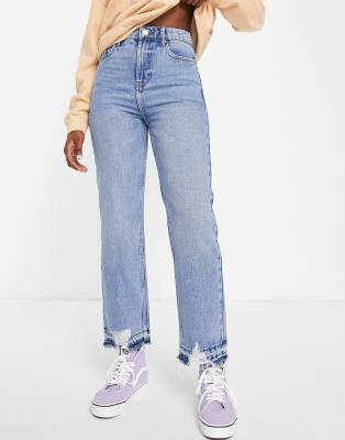 Miss Selfridge straight leg jean with fray hem in acid wash-Blue