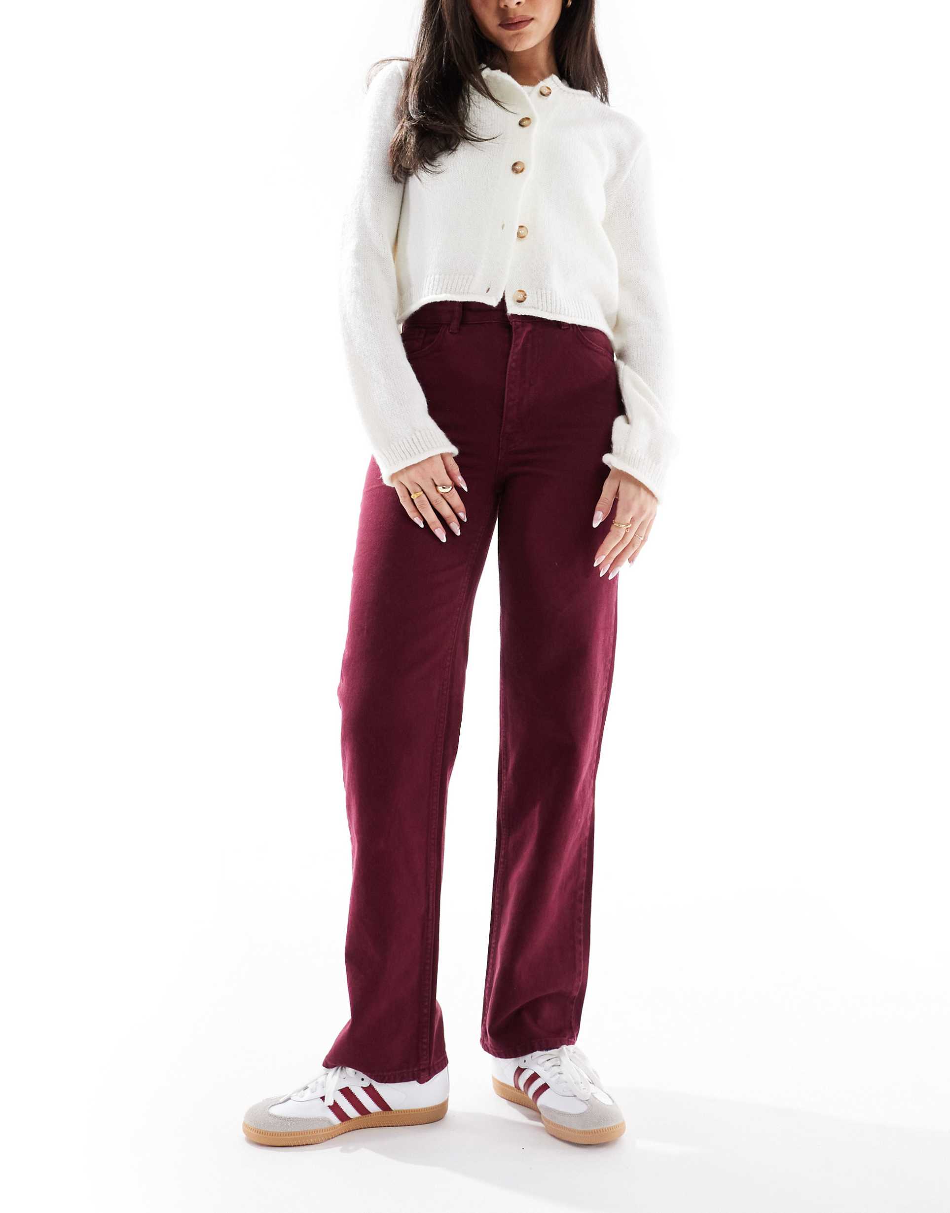 miss selfridge straight leg jeans in burgundy