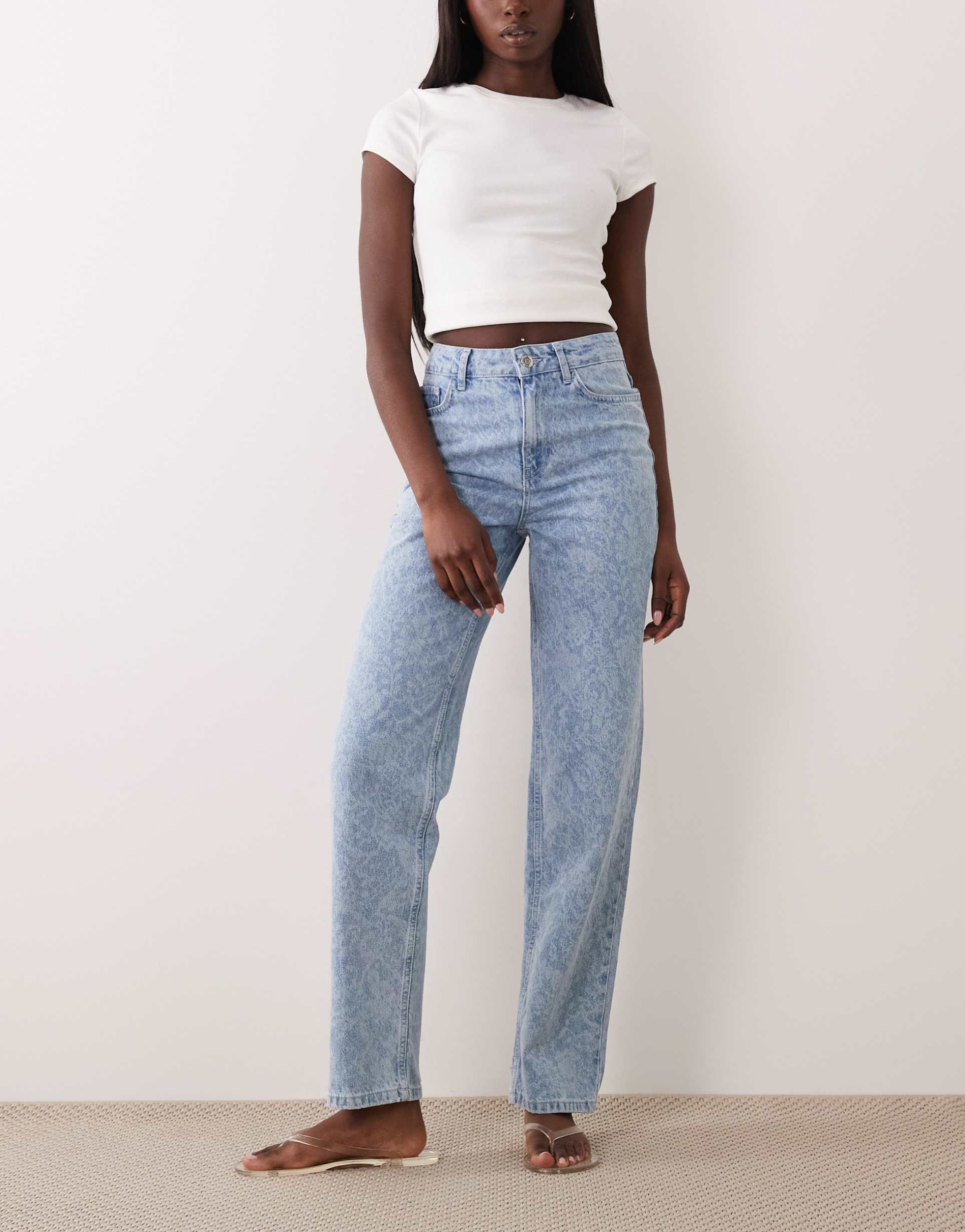 miss selfridge straight leg jeans in mid blue lace print