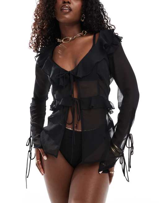 Miss Selfridge – Strand-Cover-up aus Chiffon in Schwarz mit Bindedetail vorne