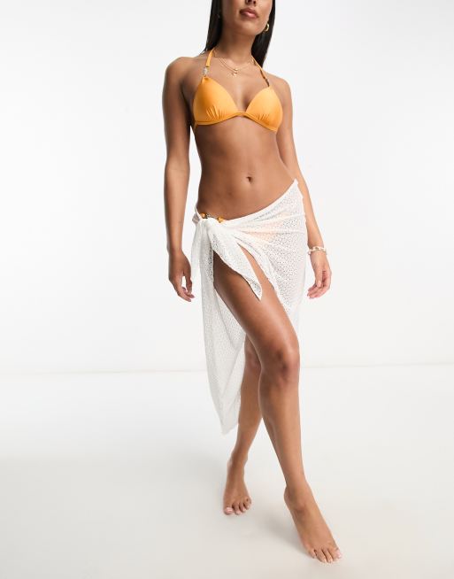 Miss Selfridge – Strand-Maxirock im weißen Häkel-Look mit Zickzackmuster und seitlichem Bindedetail 