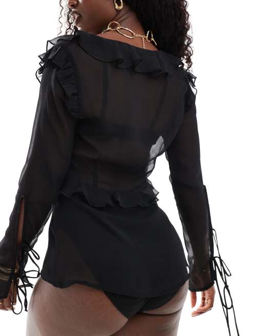 Miss Selfridge - Strandtop van chiffon met gestrikte voorkant in zwart, 4 van 4