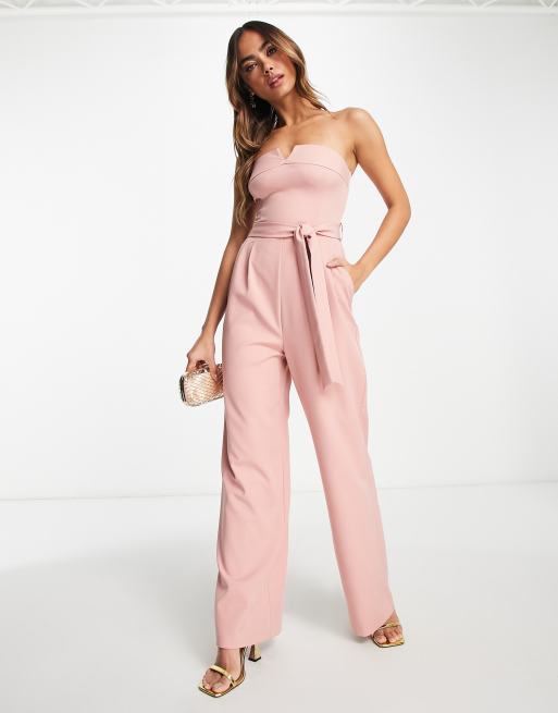 Miss Selfridge strapless bandeau tie waist wide leg jumpsuit in blush