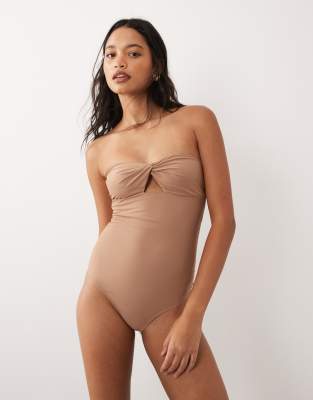 Miss Selfridge Strapless Twist One-piece Swimsuit In Brown