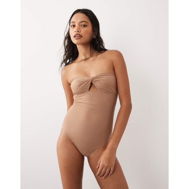 Miss Selfridge strapless twist one-piece swimsuit in mocha | ASOS
