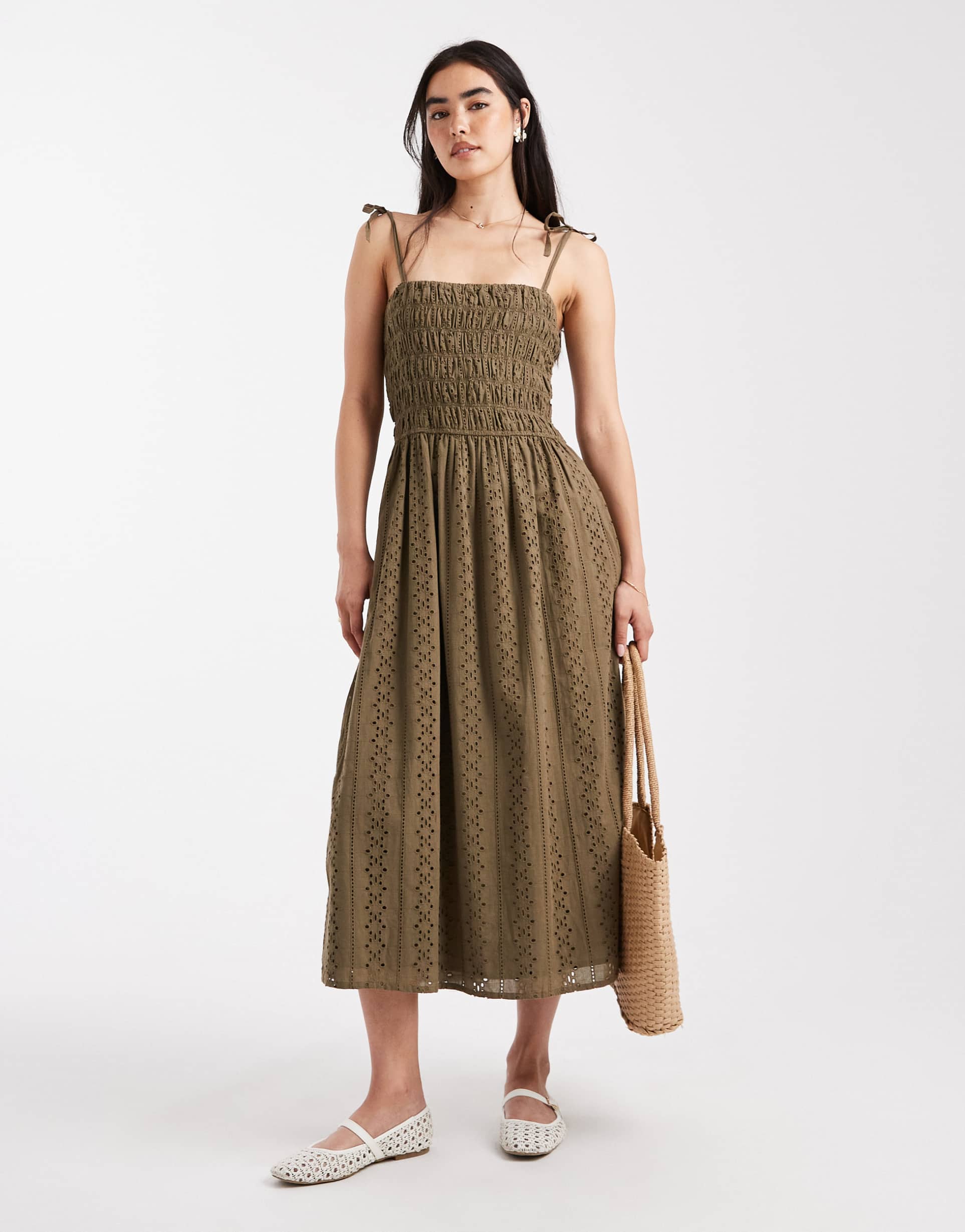 miss selfridge strappy broderie maxi dress in khaki