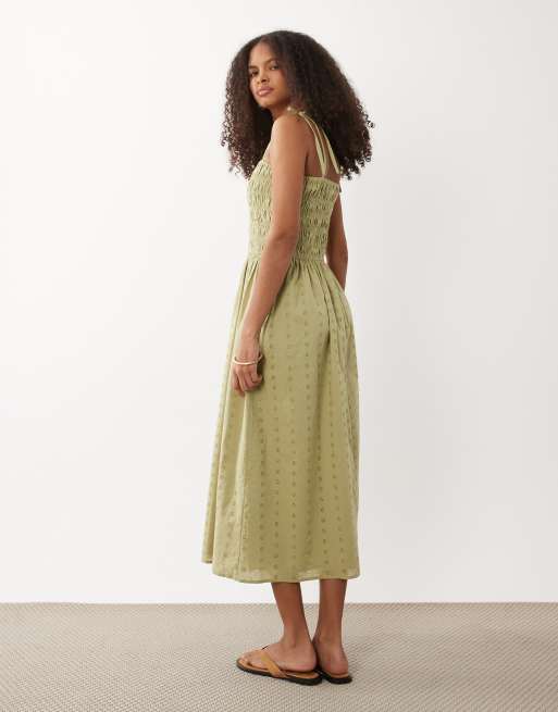 Miss Selfridge strappy broderie maxi dress in sage, 3 of 4