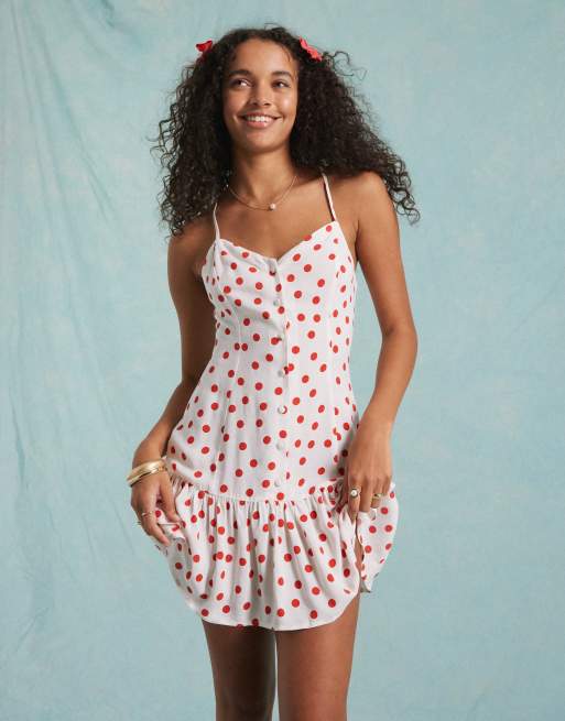 Miss Selfridge strappy button through mini sundress in cream polka dot, 2 of 4