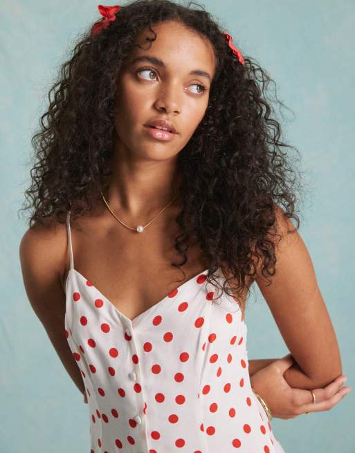 Miss Selfridge strappy button through mini sundress in cream polka dot, 3 of 4