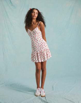 strappy button up mini sundress in cream polka dot-White