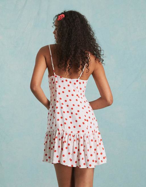 Miss Selfridge strappy button up mini sundress in cream polka dot ASOS