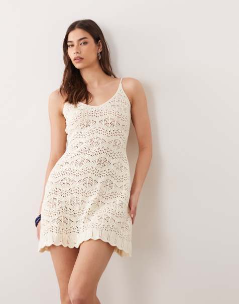 Miss Selfridge strappy crochet mini dress in cream - view 1
