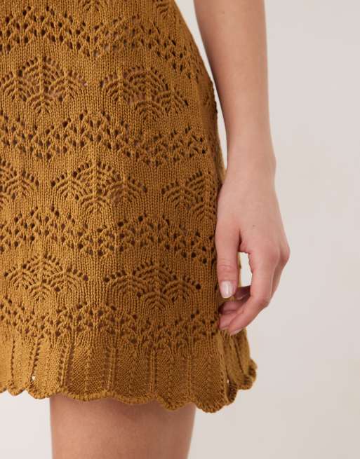 Miss Selfridge strappy crochet mini dress in olive, 3 of 4