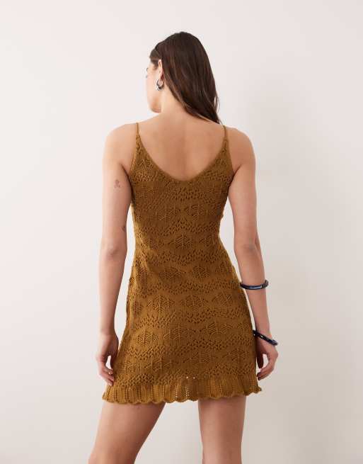 Miss Selfridge strappy crochet mini dress in olive, 4 of 4