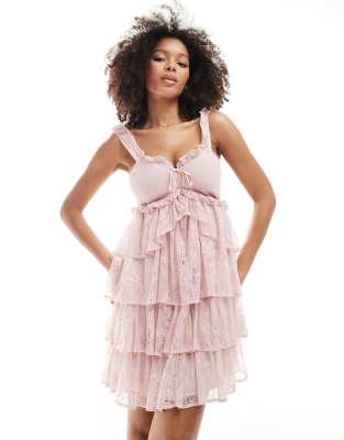 Miss Selfridge strappy lace tiered back detail mini dress in pink-Rosa