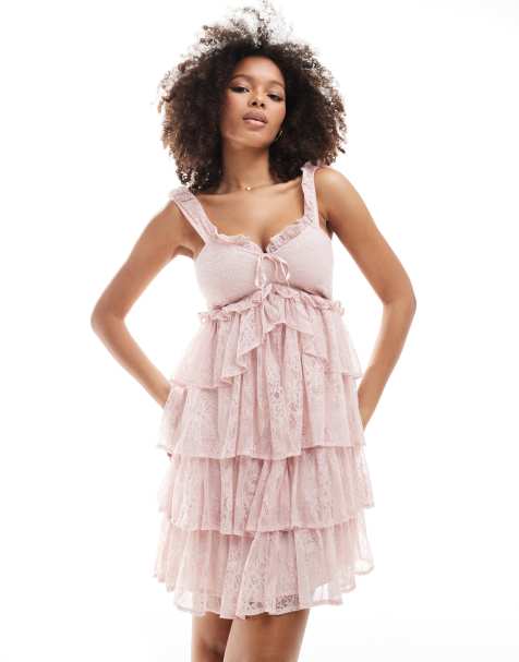 Miss Selfridge strappy lace tiered back detail mini dress in pink - view 1