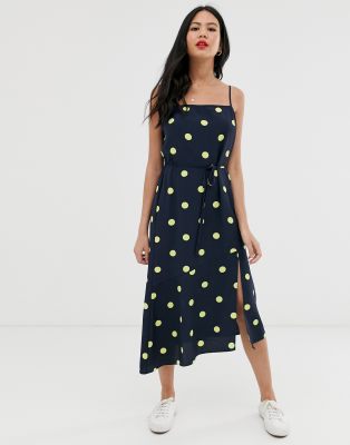 navy polka dot midi dress
