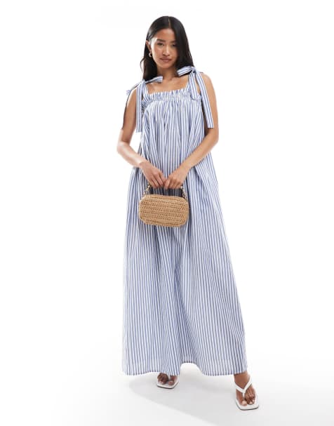 Miss Selfridge strappy poplin maxi smock dress in blue stripe - view 1