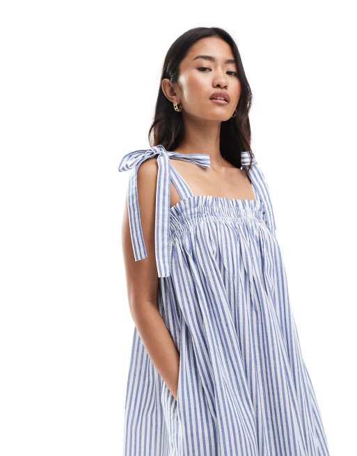 Miss Selfridge strappy poplin maxi smock dress in blue stripe, 2 of 4