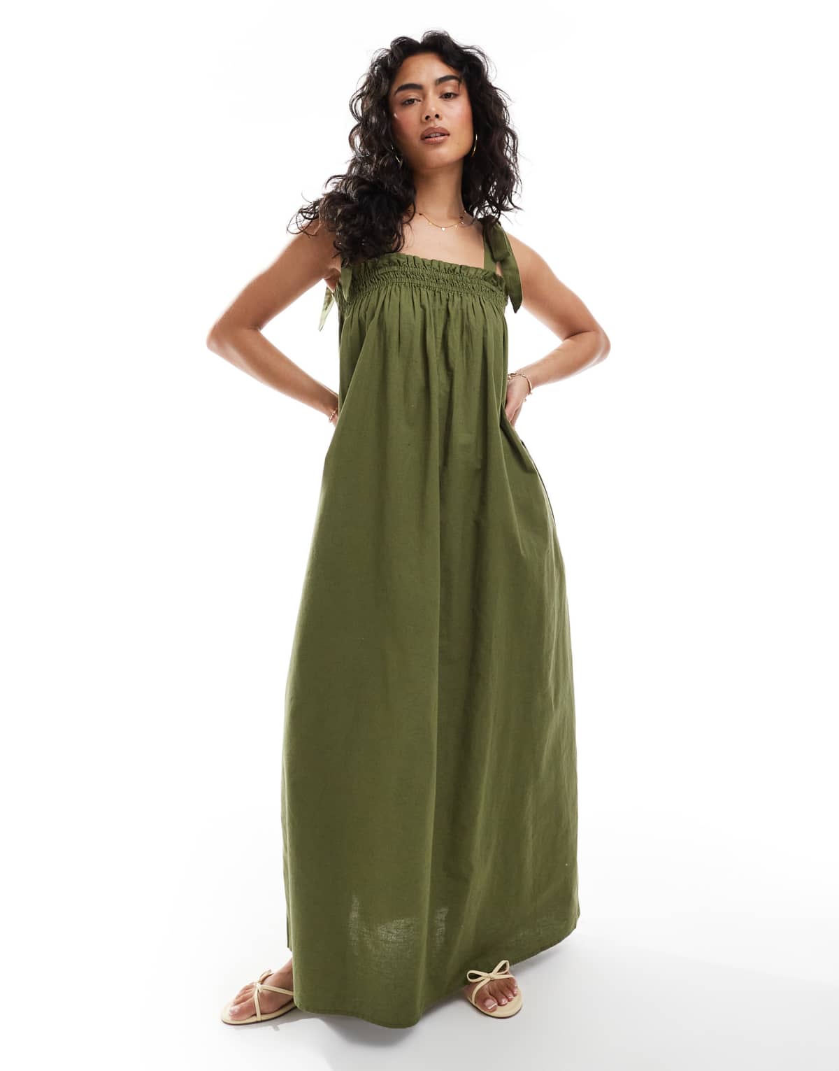 Miss Selfridge strappy poplin maxi smock dress in olive