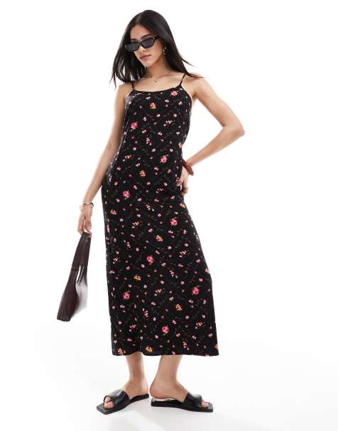 Miss Selfridge strappy scoop neck maxi slip dress in black ditsy print - view 1