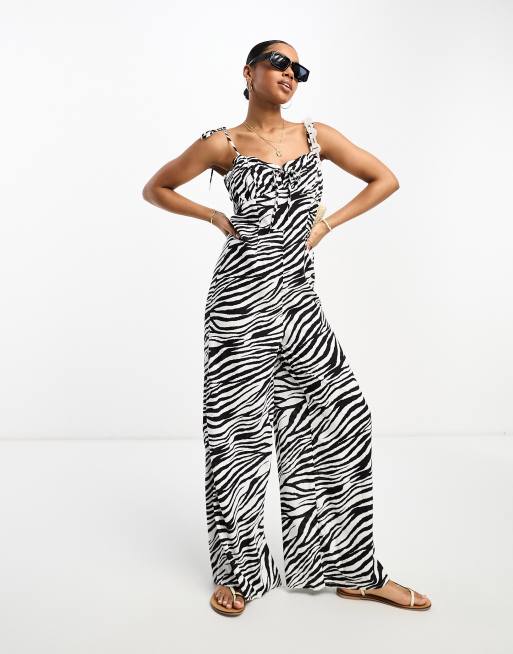 Miss Selfridge strappy wide leg jumpsuit in zebra | ASOS