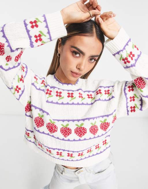Miss Selfridge strawberry jaquard sweater in ivory
