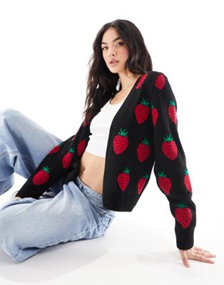 Miss Selfridge strawberry knitted cardigan in black - ASOS Price Checker