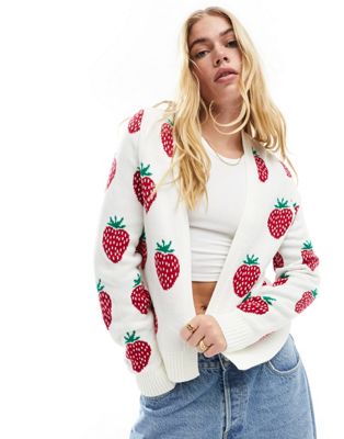 Miss Selfridge strawberry knitted cardigan in cream-White