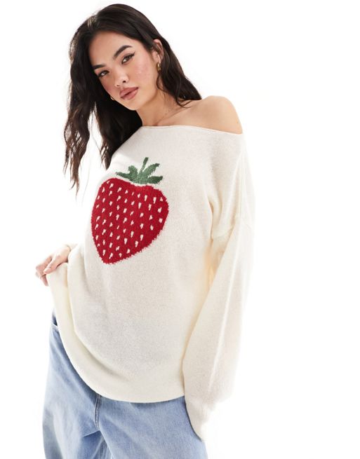 Miss Selfridge strawberry knitted sweater in cream | ASOS