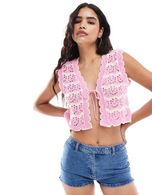 Miss Selfridge - Stribet hæklet top uden ærmer i pink