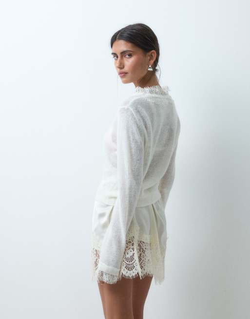 Miss Selfridge Strickjacke aus Wolle und Mohair mit Spitzenbesatz in Cremeweiß, 4 von 4