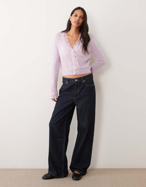 Miss Selfridge Strickjacke aus Wolle und Mohair mit Spitzenbesatz in Flieder, 2 von 4
