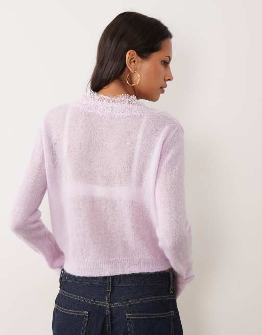 Miss Selfridge Strickjacke aus Wolle und Mohair mit Spitzenbesatz in Flieder, 4 von 4