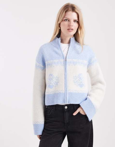 Miss Selfridge – Strickjacke in Blau mit Reißverschlussdetail und Muster - view 1
