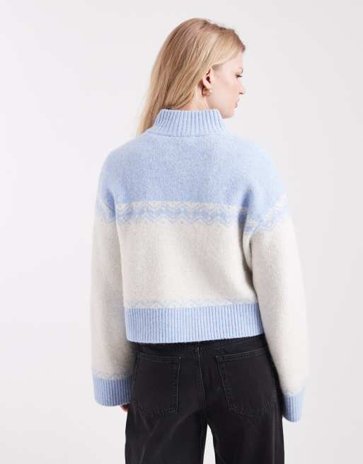 Miss Selfridge – Strickjacke in Blau mit Reißverschlussdetail und Muster, 3 von 4