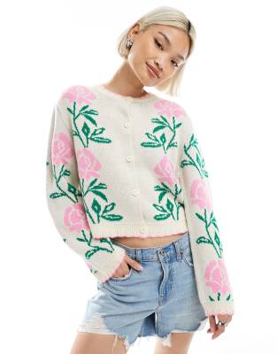 Miss Selfridge - Strickjacke in Cremeweiß mit rosa Blumenmuster und Langettenstich-Bunt