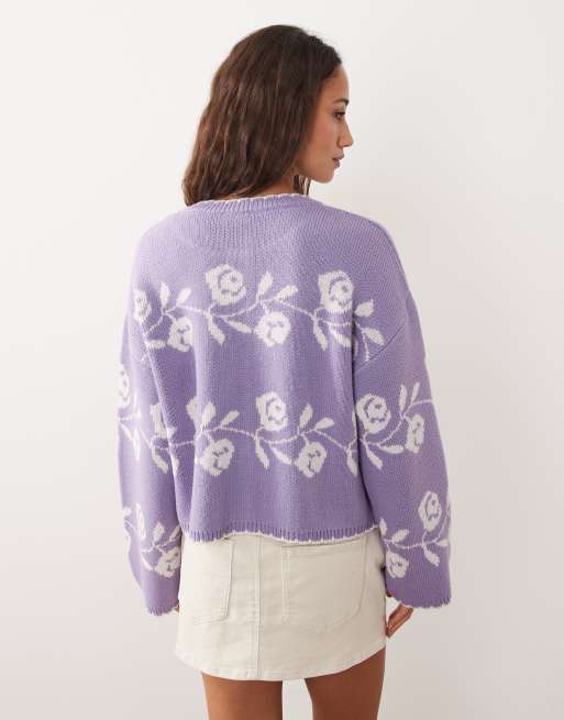Miss Selfridge – Strickjacke in Flieder mit Languettenstich und Blumenmuster , 3 von 4