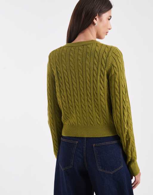 Miss Selfridge – Strickjacke in Olivgrün mit Rundhalsausschnitt und Zopfmuster, 4 von 4