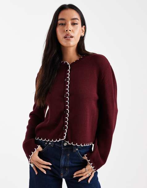 Miss Selfridge – Strickjacke in Pflaume mit Languettenstich - view 1