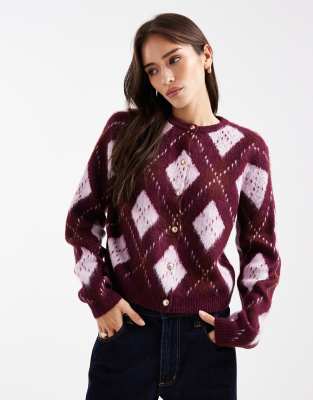 Miss Selfridge - Strickjacke in Pflaume mit Rautenmuster-Lila
