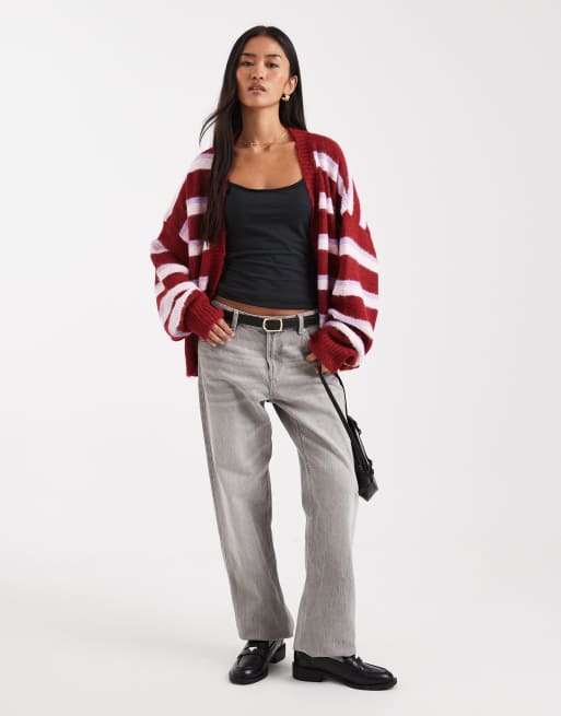 Miss Selfridge – Strickjacke in Pflaume mit Streifen, 3 von 4