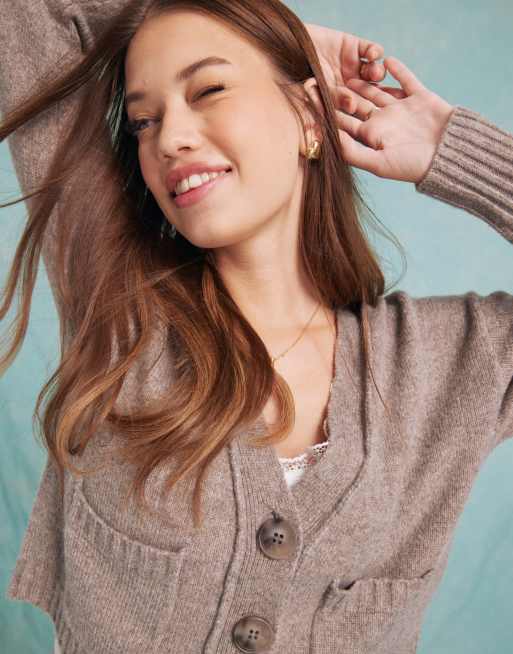 Miss Selfridge – Strickjacke in Pilzbraun mit Ziernähten, 3 von 4