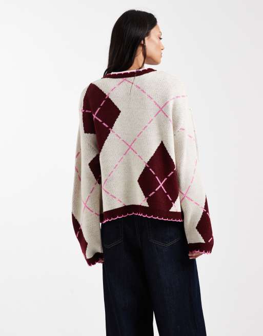 Miss Selfridge – Strickjacke in Rosa mit Languettenstich und Rautenmuster, 3 von 4