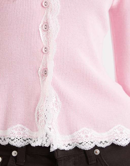 Miss Selfridge – Strickjacke in Rosa mit Spitzenborte, 2 von 4