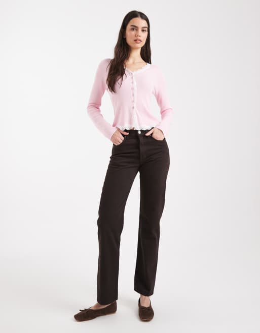 Miss Selfridge – Strickjacke in Rosa mit Spitzenborte, 3 von 4