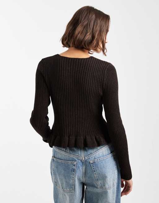 Miss Selfridge – Strickjacke in Schokobraun mit Schößchen, 3 von 4
